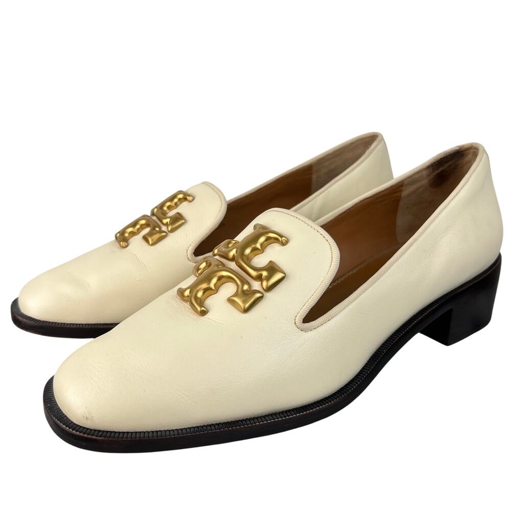 Tory Burch Eleanor Logo Block Heeled Shoes Ivory Leather Slip In Loafer (Sz 8.5)